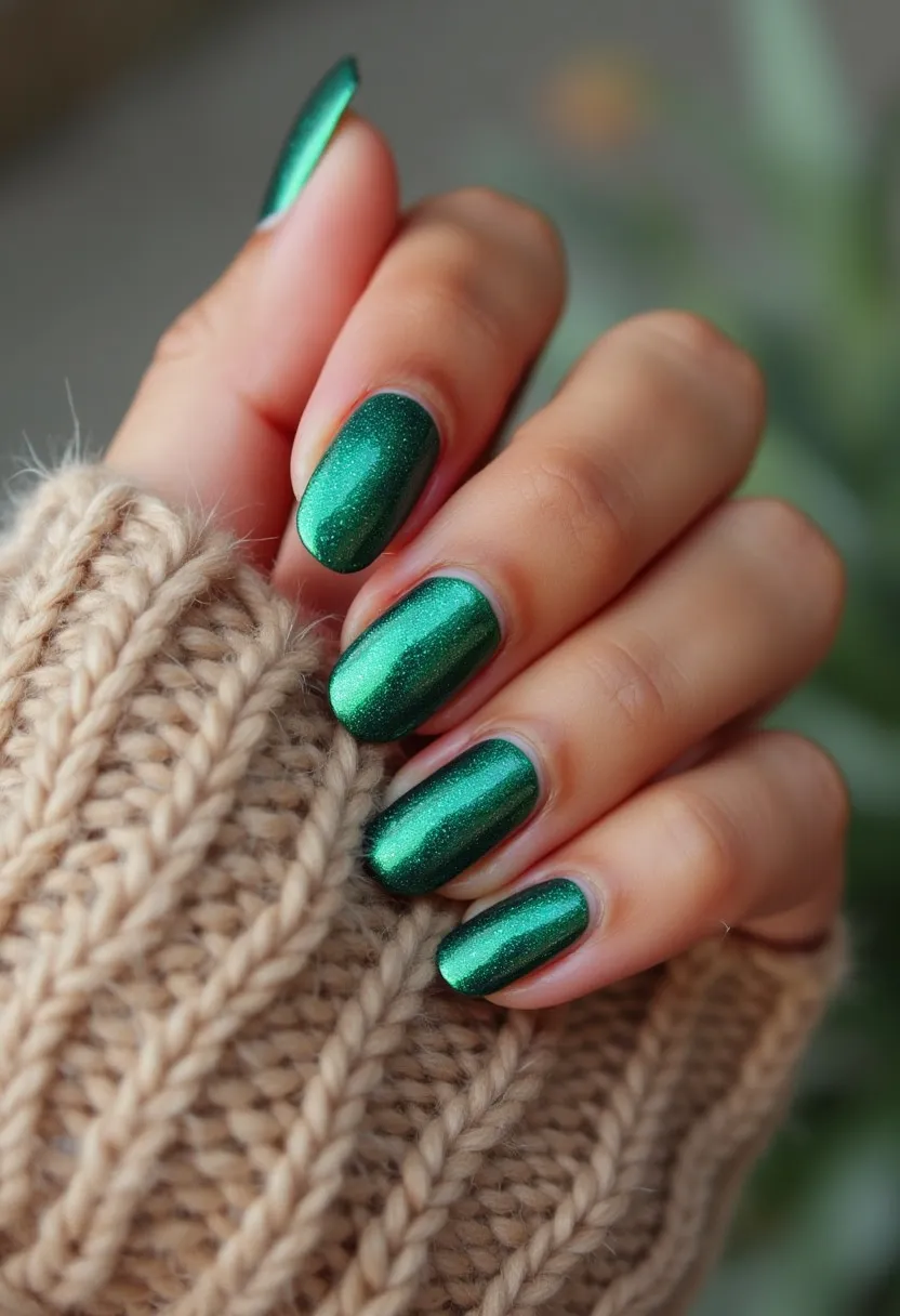 This nail design features a rich emerald green color palette with a metallic, shimmery finish. The nails are medium length and have an oval shape. The nail treatment appears to be gel, providing a glossy and durable appearance. The striking green shade combined with the shimmer creates a festive and sophisticated look, ideal for the winter season or holiday occasions. The solid green color without additional patterns or decorations emphasizes a clean and elegant style.