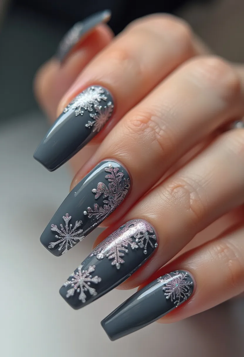 This nail design features a sleek and sophisticated color palette dominated by a deep, glossy charcoal gray, complemented by intricate silver snowflake patterns that add a touch of winter elegance. The nails are sculpted into a long, coffin shape, which elongates the fingers beautifully. The intricate snowflake designs are meticulously applied, likely using fine nail art brushes and possibly some glitter accents to enhance their shimmering effect. Judging by the high gloss finish and durability look, these are most likely gel nails, offering a lasting and chip-resistant manicure. The overall theme is clearly winter or holiday-inspired, making these nails perfect for the festive season or any winter occasion where a touch of sparkle is desired.