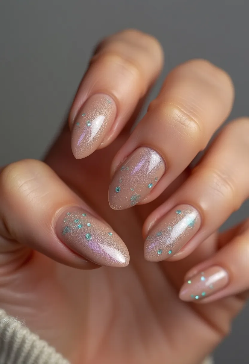 The nail design features an almond shape with a base color palette of soft, iridescent nude or pinkish nude shades that impart a subtle shimmer. This foundation is adorned with delicate turquoise or teal glitter accents, distributed sporadically across the nails in small dots and clusters, creating a whimsical and ethereal look. The nail treatment appears to be gel, as indicated by the glossy finish and smooth application. With its shimmery base and glitter details, this design has a dreamy quality, suitable for special occasions or adding a touch of elegance to everyday wear. The overall aesthetic feels light and airy, making it an ideal choice for the spring or summer seasons.