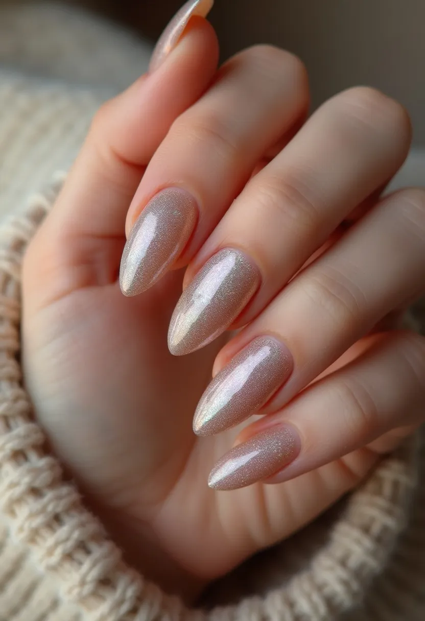 The nail design showcases a soft, iridescent champagne color palette with a shimmering finish, likely achieved through a shellac or gel manicure for a high-gloss effect. The nails are shaped into an elegant almond form, which elongates the fingers and adds a touch of sophistication to the overall look. The shimmering finish gives the nails a festive and glamorous appearance, making them perfect for special occasions or seasonal celebrations, particularly around the holiday season. The subtle sparkle on each nail enhances the delicate and refined style, ensuring it stands out without being overly bold.