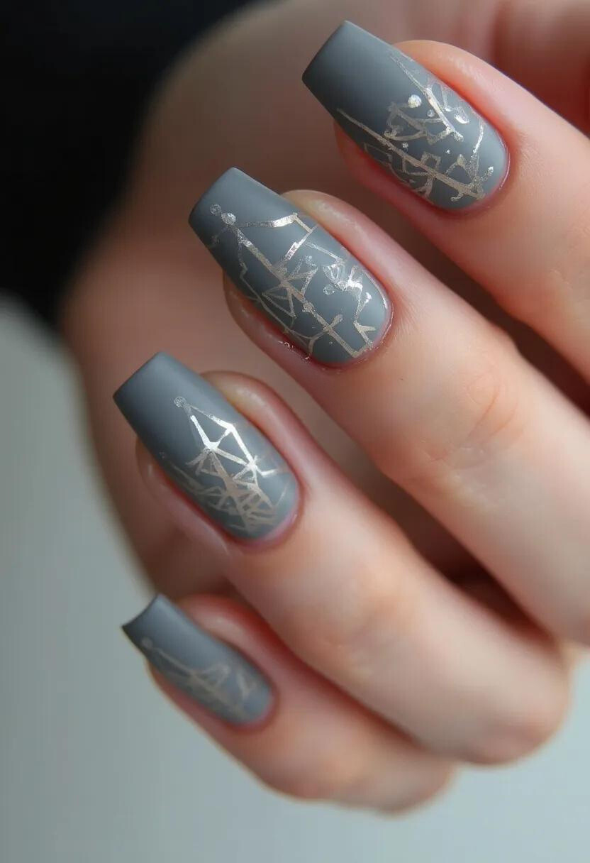 The nail design features a medium to long length with a squared tip shape. The nails are painted in a muted gray color, providing a chic and sophisticated base. Adorning the nails are intricate and delicate geometric patterns, executed in a metallic silver, adding a touch of elegance and modernity to the overall design. This nail treatment appears to be achieved using gel, which offers a glossy finish and long-lasting durability. The design could be versatile for various seasons but particularly exudes a cool undertone that would suit well for fall or winter occasions. The metallic patterns add a celebratory feel, making the design appropriate for special events or festive celebrations.