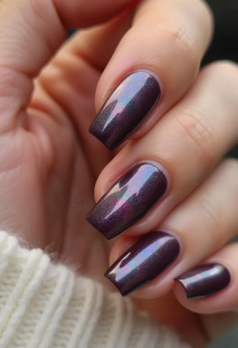 The nails depicted feature a rich, dark purple color palette with a metallic sheen, reflecting various light sources to give a holographic effect. The nails are of medium length and sport a square shape with slightly rounded edges, offering a modern and clean look. The treatment appears to be a gel-based application, providing a smooth and glossy finish that enhances the iridescence of the polish. The design does not include additional intricate patterns or decorations, allowing the shimmering effect of the base color to be the focal point. This particular nail design could be suitable for both everyday wear and special occasions, adding an element of sophisticated glamour.