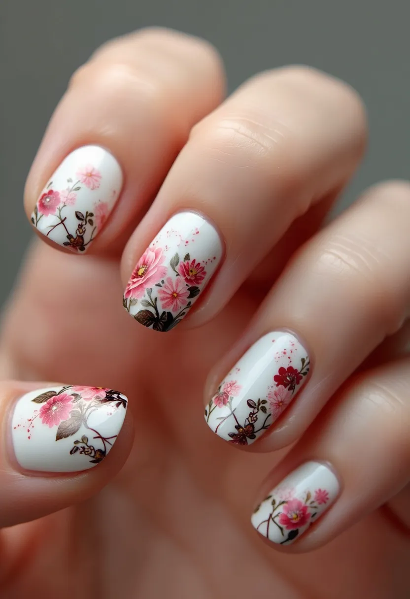 This nail design features a base color of clean, white polish enhanced with intricate floral patterns delicately painted in shades of pinks and reds, accented with green and brown stems and leaves. The nails are medium length with a square-rounded shape, providing a canvas that displays the art beautifully. The floral motif suggests a spring or summer theme, perfect for seasonal celebrations or outdoor events. This design appears to be created with gel polish, given the glossy finish and smooth texture, which also adds durability to the adorned nails. The intricate flower designs contribute to its elegant and feminine appeal, making it ideal for special occasions or simply as a cheerful everyday style.