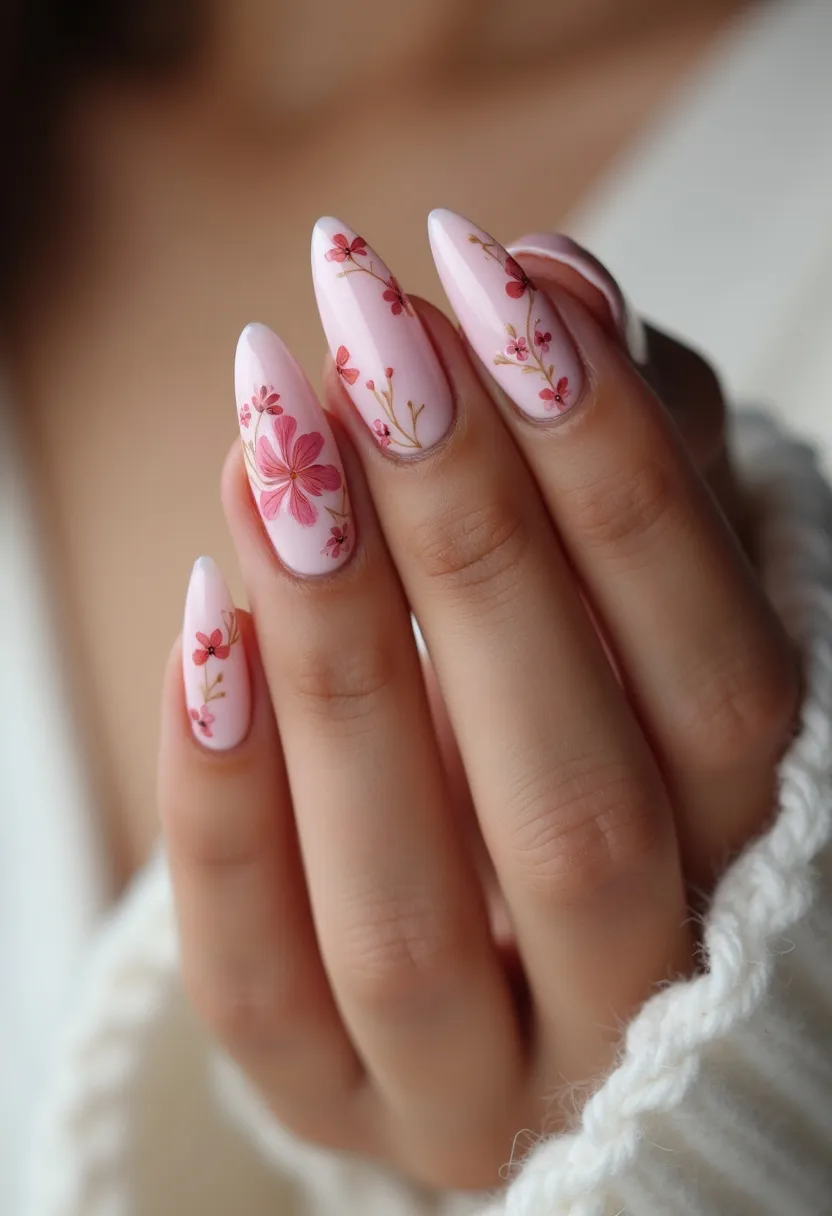 The nail design features a soft pink base color creating a delicate and elegant palette. The nails are shaped into a stiletto style, giving them a pointed and elongated look. Each nail showcases intricate floral patterns, with detailed pink and red blossoms along with green stems and leaves, creating a natural and refreshing aesthetic. The treatment appears to be gel, as indicated by the high-gloss finish that adds depth to the design. This floral nail art is ideal for spring or summer seasons, capturing the essence of blooming flowers and vibrant nature.