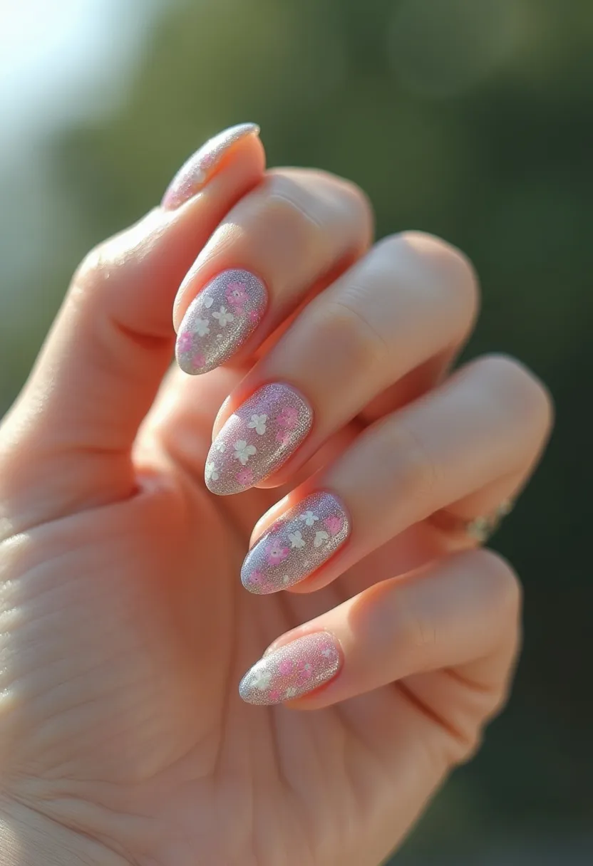 The nail design features an elegant and feminine aesthetic with medium-length, almond-shaped nails. The color palette predominantly uses a shimmering silver base, complemented by delicate pink accents, creating a soft and romantic look. The nails display intricate floral patterns, with small white and pink flowers scattered across the surface, giving a fresh and spring-like feel. The finish appears glossy and even, suggesting the use of gel nail treatment, known for its durability and shine. This nail design is well-suited for seasonal themes like spring or special occasions, such as weddings or romantic engagements, due to its delicate and detailed floral motifs.