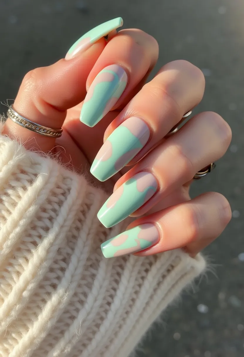 The nail design features a long coffin shape, with a color palette primarily composed of pastel mint green and a nude base. The intricate pattern on the nails consists of abstract, irregular patches of mint green spread across the nude background, giving a modern and artistic look. The nails have a smooth and glossy finish, indicating that a gel or shellac treatment may have been used to achieve the design. The subtle pastel colors and glossy finish suggest a versatile, seasonal theme that could be appropriate for both spring and summer occasions. The nails are polished and well-shaped, contributing to an elegant and stylish appearance.