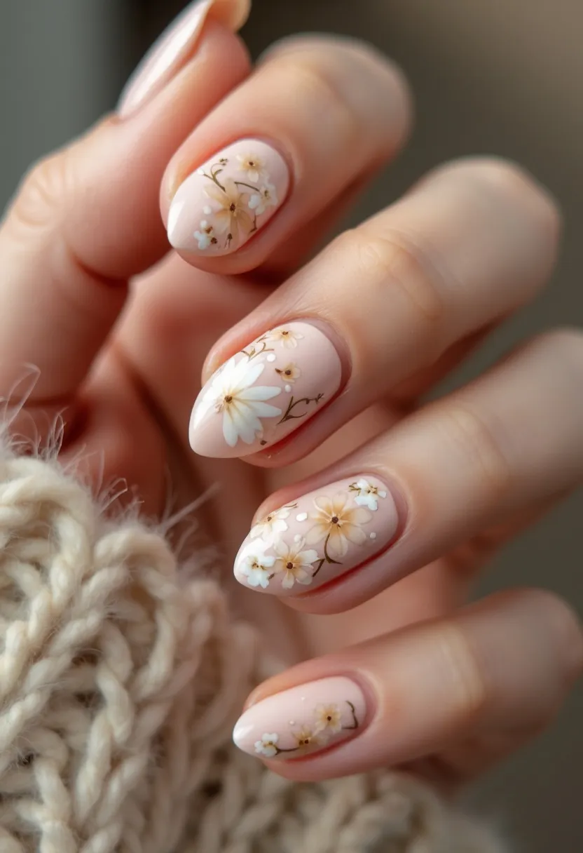 The nail design features an elegant pastel pink color palette which serves as the base for the intricate nail art. The nails are shaped in a medium-length almond form, providing a sophisticated silhouette. Each nail is adorned with delicate floral patterns, showcasing meticulously detailed flowers in white and soft beige hues, accented by subtle green leaves and golden outlines. This design emphasizes a gentle, springtime theme, perfect for seasonal celebrations or a subtle yet stylish look for special occasions. The glossiness and smooth finish suggest a gel or acrylic nail treatment, enhancing the durability and shine of the intricate decorations.