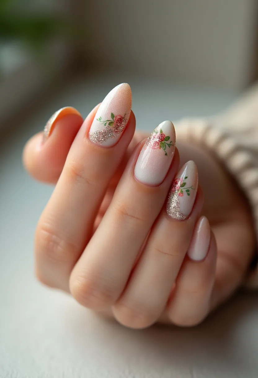 The nail design features an almond shape with a delicate and elegant color palette consisting predominantly of soft pink and white tones accented by a subtle gradient effect. The nails showcase intricate floral patterns, with small roses in pink hues adorned with green leaves, strategically placed to enhance their natural beauty. Additionally, there are hints of gold glitter, particularly near the edges, adding a touch of sparkle and sophistication to the overall look. This design appears to be executed using a gel treatment, ensuring durability and a glossy finish. The floral and glitter elements make this nail art particularly suitable for spring or summer occasions, such as weddings or garden parties, offering a fresh, romantic aesthetic.