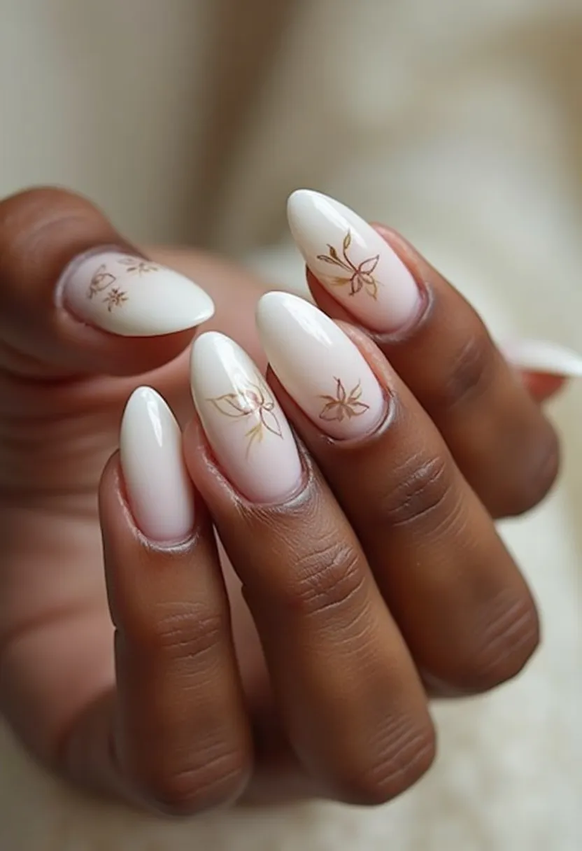 The nail design features a sophisticated color palette of creamy off-white, with a glossy finish indicative of a gel treatment. Shaped into almond tips, each nail showcases a delicate gold floral pattern, adding subtle yet elegant decoration. This design suggests a refined style suitable for formal occasions or a stylish everyday look, with a hint of a seasonal theme that aligns well with spring or summer due to the floral elements. The combination of the soft base color and the intricate gold decals creates a polished and chic appearance.