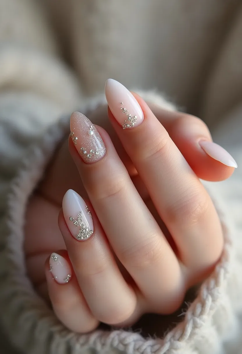 This nail design features a delicate and elegant palette with a base of soft, translucent pink and subtle nude tones, which appear to be created using gel treatment due to their glossy and smooth finish. The nails are almond-shaped, enhancing their sophisticated look. Acting as a focal point, each nail is adorned with intricate and sparkling decorations, including small, shiny rhinestones, pearls, and subtle glitter accents placed strategically to form delicate patterns, such as clusters and lines. The embellishments exude a refined appearance, making this design suitable for special occasions, particularly weddings or festive events, due to its chic and glamorous aesthetic. The overall design conveys a sense of polished elegance and festive sophistication, perfect for winter or holiday-themed gatherings.