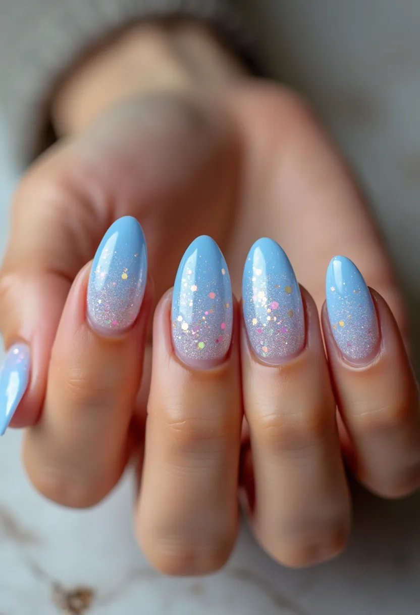 The nail design features a beautiful pastel blue color palette, with a soft and serene aesthetic suggestive of spring or a calming winter theme. The nails are shaped in an almond form, enhancing their elegance and sophistication. Each nail is coated with a glossy finish that appears to be shellac or gel treatment, providing a durable and shiny look. The design includes intricate decorations of fine glitter and multicolored confetti dots, adding a touch of playful sparkle and whimsy to the overall look. The glitter gradient begins from the base of the nails, creating a delicate and eye-catching effect that is perfect for festive seasons or celebratory occasions.