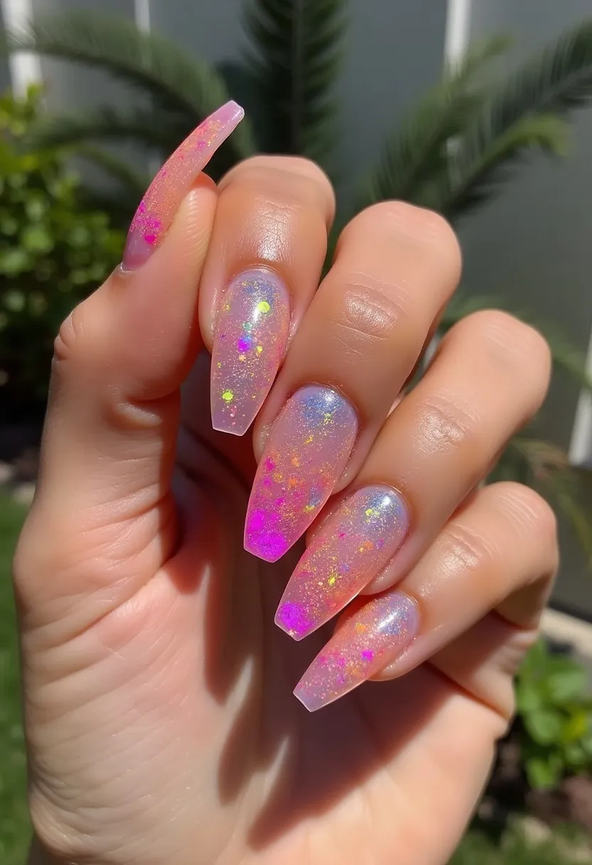 This nail design features long, coffin-shaped nails with a captivating blend of vibrant colors. The primary color palette includes a holographic, translucent base that showcases a range of iridescent pinks, purples, blues, and yellows, creating a prismatic effect. The nails are adorned with intricate glitter and confetti-like decorations that catch the light and add a sparkling dimension to the overall look. The polished sheen suggests a gel or acrylic treatment, enhancing both durability and shine. This design is perfect for festive occasions, giving off an ethereal and celebratory vibe, making it ideal for seasons such as summer or special events that call for a touch of glamour.