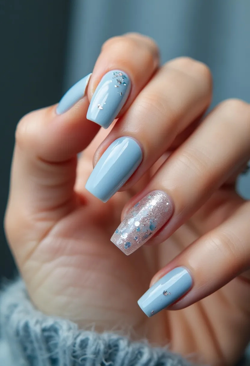 The nail design features a soft pastel blue color palette, with long, coffin-shaped nails. The design includes intricate accents of small silver glitter and star-shaped confetti on some of the nails, adding a shimmering touch to the overall look. The ring finger makes a statement with a full coat of silver glitter, complemented by larger hexagonal glitter pieces for a more dramatic effect. This design is likely achieved with a gel treatment, given the high-gloss finish and durability needed to hold the glitter and confetti in place. The aesthetic suggests a winter or holiday theme, perfect for festive occasions.