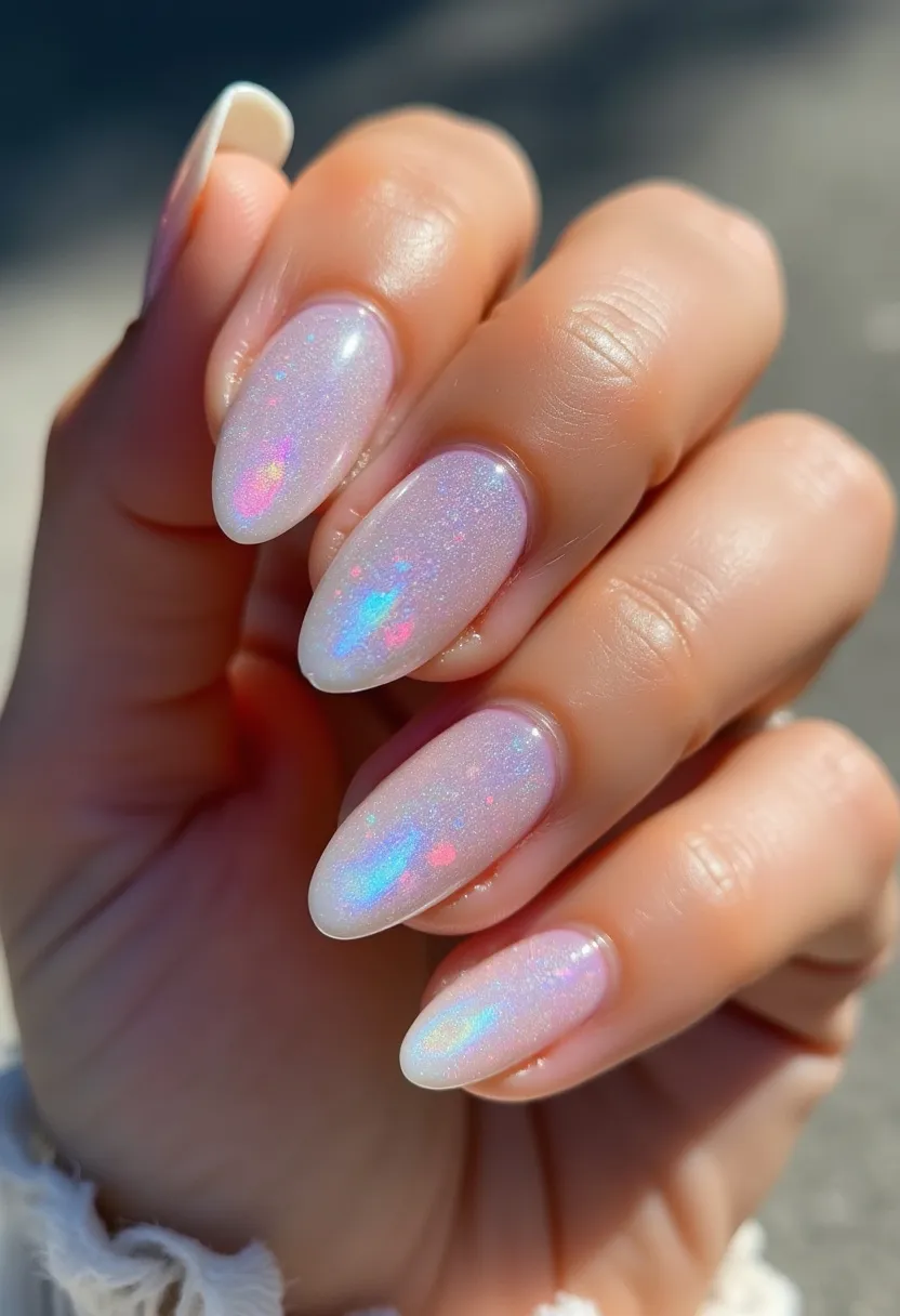 This nail design features an ethereal, iridescent color palette with a base of translucent, milky white. The nails are almond-shaped, enhancing the elegant and delicate look of the design. They appear to be treated with a gel polish, giving them a high-gloss, smooth finish. Intriguing, holographic patterns with hints of pink, blue, and purple shimmer are embedded within the nails, creating a mesmerizing effect that changes with the light. The overall design is modern and stylish, making it suitable for special occasions such as weddings or formal events, as well as being a glamorous everyday look.