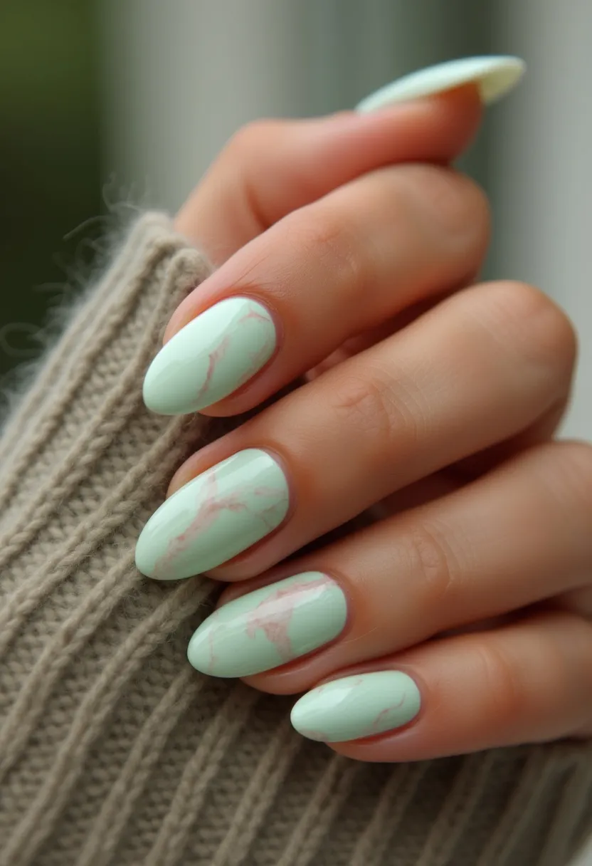 The nail design features an almond shape with a smooth, glossy finish, likely achieved through a gel or shellac treatment. The color palette is predominantly a soft mint green with a subtle marbled effect, incorporating thin, organic pinkish lines that add a delicate yet intricate pattern. The pastel tones and marbled design give the nails a serene, elegant look that could be fitting for a spring or summer season. The overall appearance is sophisticated with a touch of artistic flair, ideal for both everyday wear and special occasions.