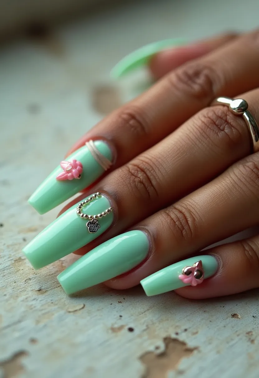 The nail design features a soft mint green color palette, giving the nails a fresh and vibrant appearance. The nails are long and square-shaped, offering a sophisticated look. Intricate decorations include small, three-dimensional accents such as pink bows adorned with pearl details and a string wrapped around the base of one nail. Additionally, a metallic charm with a text engraving adds a touch of elegance. The treatment appears to be gel, ensuring a shiny and durable finish. The design is delicate and playful, fitting well for a spring or summer season theme, or perhaps a special occasion like a bridal shower or birthday celebration.