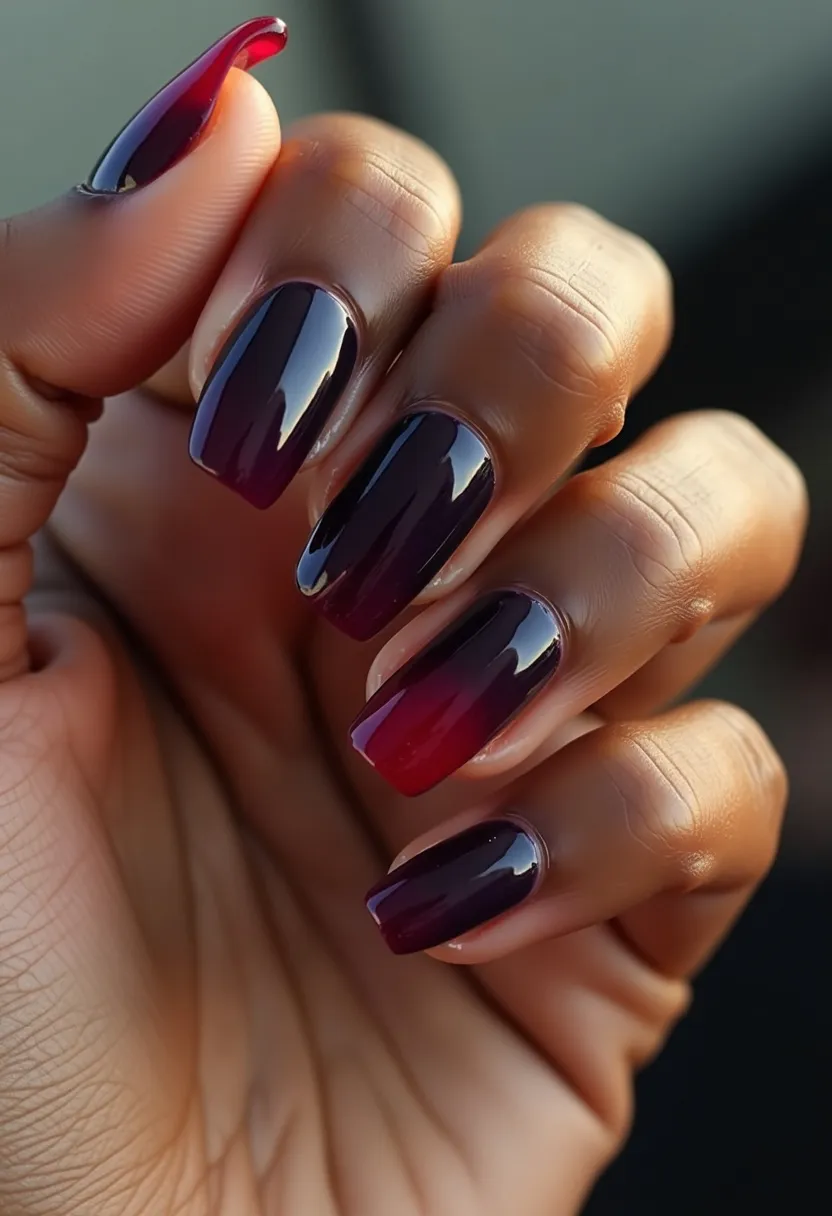 The nail design features a sophisticated ombre effect, blending deep burgundy with a subtle transition to a rich plum shade towards the tips. The nails are shaped into a classic square style with slightly rounded edges, giving a modern yet elegant look. The polished finish indicates a gel manicure, adding a high-shine gloss that enhances the depth of the colors. The gradient effect creates a sense of dimension and is perfect for the fall season or a special evening occasion, exuding a luxurious and stylish vibe.