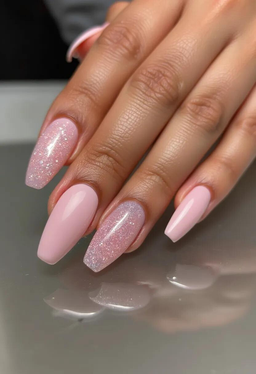 The nail design presented features a soft, feminine palette dominated by pastel pink hues. The nails are long and shaped in a coffin style, providing a sophisticated and elegant look. The design is characterized by a combination of solid color and glitter accents; some nails are painted with a plain, glossy pink polish, while others boast a glittery finish that adds a touch of glamour. This combination suggests a gel treatment, which is popular for achieving a high-shine and durable finish. The shimmering details make this design suitable for special occasions, such as weddings or festive events, and the overall aesthetic can also complement spring or summer fashion trends.