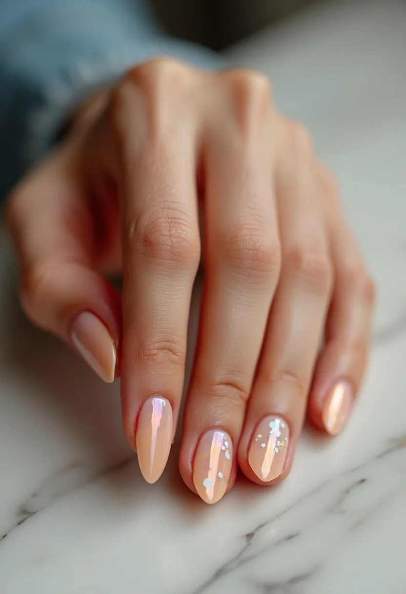 The nail design features almond-shaped nails with a glossy finish, indicating a potential gel nail treatment. The color palette includes a shimmering peach base coat complemented by iridescent accents. Some of the nails are adorned with small, reflective confetti-like decorations, which add a playful and festive touch to the overall look. The design exudes a soft, elegant charm that could be perfect for special occasions or a refined everyday look. The subtle shimmer and delicate detailing make the design suitable for both casual and more formal settings.