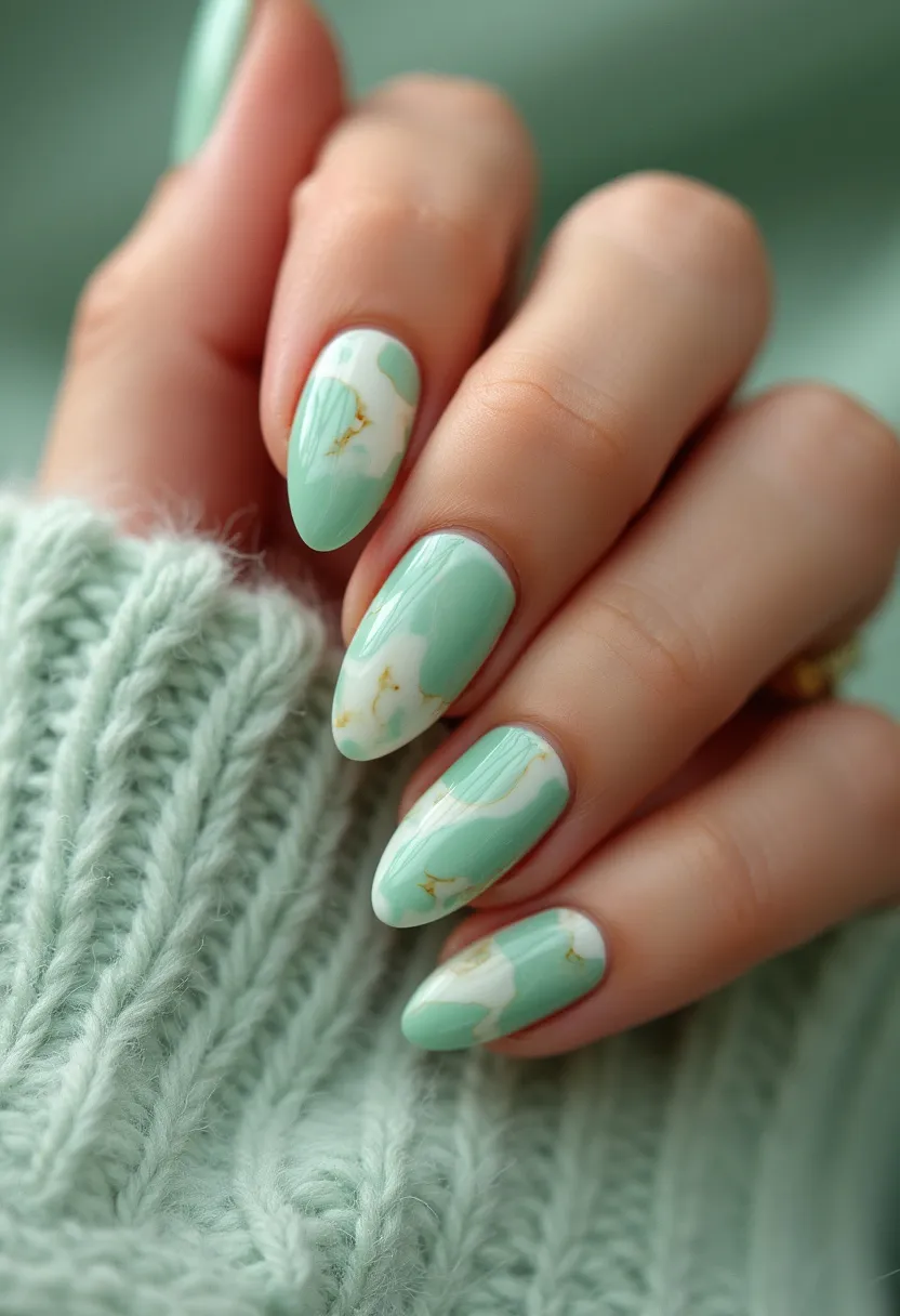 The nail design features a soft, mint green color palette, ideal for a fresh and sophisticated look. The nails are almond-shaped, offering an elegant and elongating effect on the fingers. A striking feature of this design is the delicate, marble-like pattern incorporating white swirls and subtle gold veining, adding a touch of luxury and intricacy. This manicure appears to be created using gel treatment, given the high-shine finish and smooth application. The design, with its pastel hues and refined details, could be suitable for spring or summer seasons, and also versatile enough for special occasions like weddings or formal events. All nails display a consistent design theme that harmonizes well with the overall aesthetic.