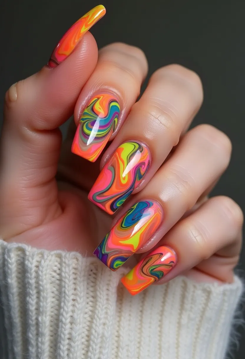 The nail design features a vibrant, psychedelic color palette with swirls of neon orange, yellow, green, blue, pink, and purple. The nails are long and perfectly manicured in a coffin shape. The intricate patterns resemble a colorful marble effect, reminiscent of a tie-dye or abstract art aesthetic. This design utilizes a gel treatment, giving the nails a glossy and smooth finish. The bold, bright colors and playful patterns suggest a fun, summertime theme, ideal for making a striking fashion statement or celebrating a festive occasion. The meticulous detailing highlights the skill and creativity inherent in this unique nail art.