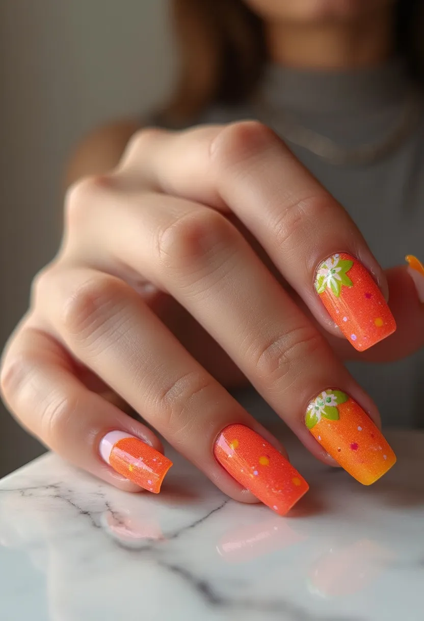 The nail design features a vibrant color palette primarily consisting of orange with gradient transitions to yellow and touches of white and green. The nails are medium in length, with a square shape. Each nail showcases intricate decorations, including scattered colorful dots and detailed white floral patterns accentuated by green leaves on select nails. The finish appears to be a glossy gel treatment, adding a luminous shine to the design. This lively and vibrant design evokes a summery theme, making it suitable for warmer seasons or special occasions like a tropical vacation.