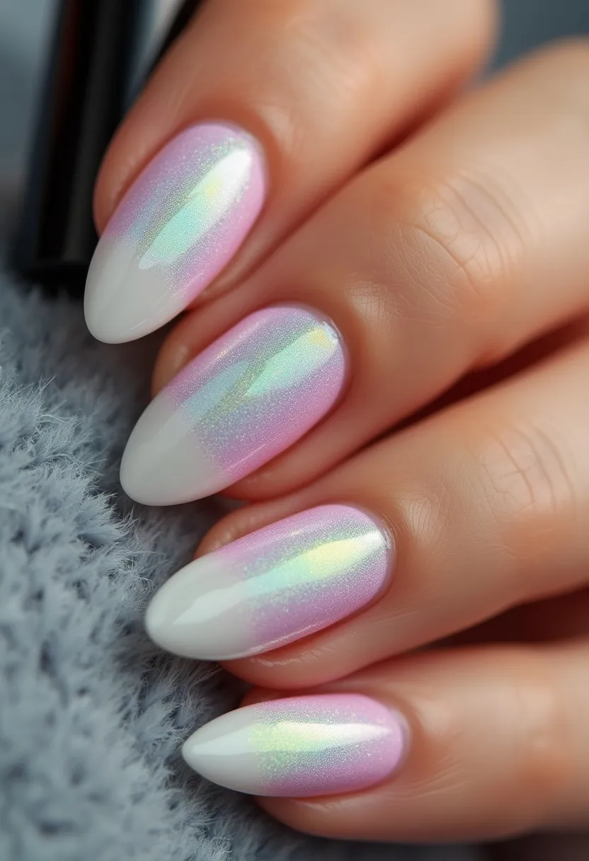 The nail design features a beautiful pastel color palette that primarily includes soft pink and white hues with a subtle iridescent shimmer, creating a dreamy and ethereal effect. The nails are almond-shaped, which adds elegance and elongates the fingers. The gradation from pink at the base to white at the tips is smoothly blended, giving a delicate ombré appearance. This design likely utilizes gel or shellac polish due to its high-gloss and durable finish. The iridescent shimmer adds a unique touch, making the nails look almost holographic, fitting for a spring or summer theme. The overall design exudes a gentle and whimsical vibe, suitable for casual wear or special occasions like weddings or baby showers.