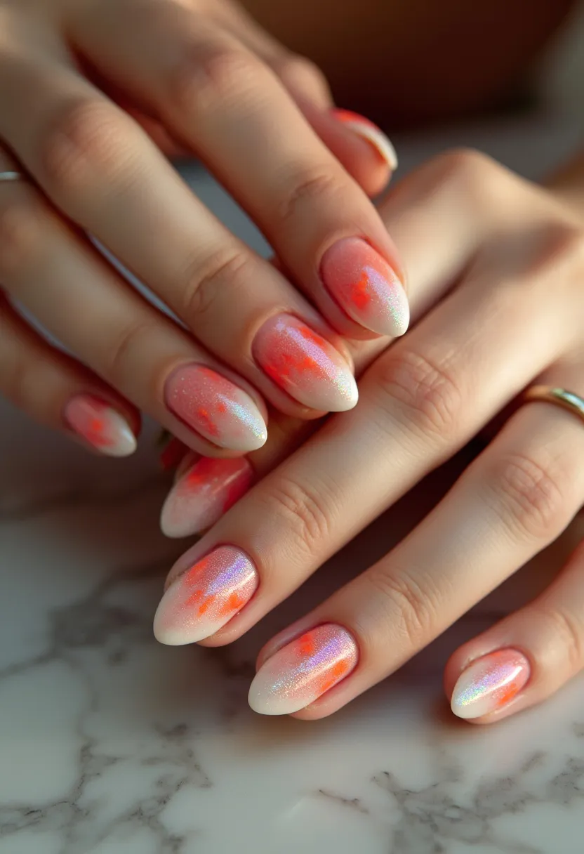 The nail design features an almond shape with a vibrant and whimsical color palette predominantly consisting of a pearlescent white base, overlaid with vivid splashes of coral and hints of shimmering pink. The intricate pattern resembles an abstract watercolor effect, creating a dynamic and eye-catching appearance. The nails appear to have a glossy finish indicative of a gel or shellac treatment, ensuring durability and a high-shine look. The playful and bright colors are evocative of spring or summer themes, making them suitable for seasonal celebrations or special occasions that call for an energetic and lively touch. The design is both modern and artistic, adding a unique and refreshing twist to classic nail art.