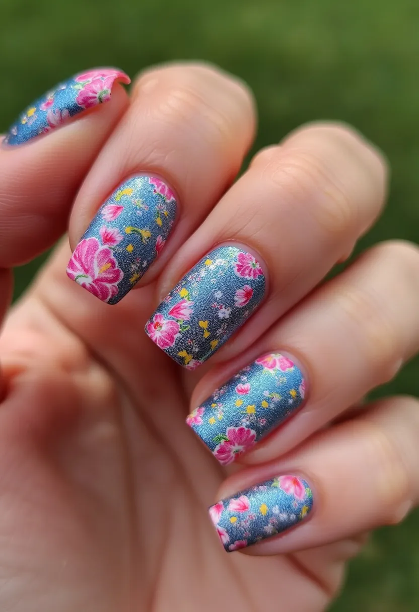 The nail design features a striking and colorful palette dominated by a shimmery blue base adorned with intricate floral patterns. The nails are shaped in a classic square style, providing a modern and clean look. Vibrant pink flowers, interspersed with small yellow and white details, are delicately painted across each nail, bringing a lively and dynamic feel to the design. The use of gel polish ensures a glossy and durable finish, enhancing the vibrancy of the colors. This design exudes a springtime or summery theme, perfect for brightening up any occasion with its fresh and cheerful aesthetic.