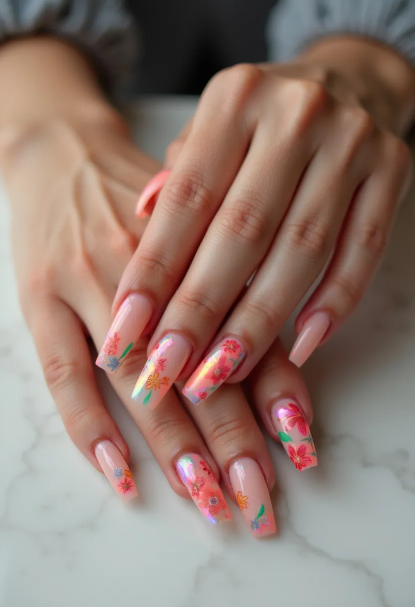 The nail design features a soft, pastel color palette with a focus on light pink and iridescent hues. The nails are long with a square shape, providing ample space for intricate decorations. Each nail is adorned with delicate floral patterns, showcasing multicolored flowers in shades of red, orange, yellow, and blue, along with green leaves. The overall design of the nails suggests a gel treatment, giving them a glossy, polished finish. The floral motifs and bright colors hint at a seasonal theme, likely suitable for spring or summer occasions, evoking a fresh and vibrant aesthetic.