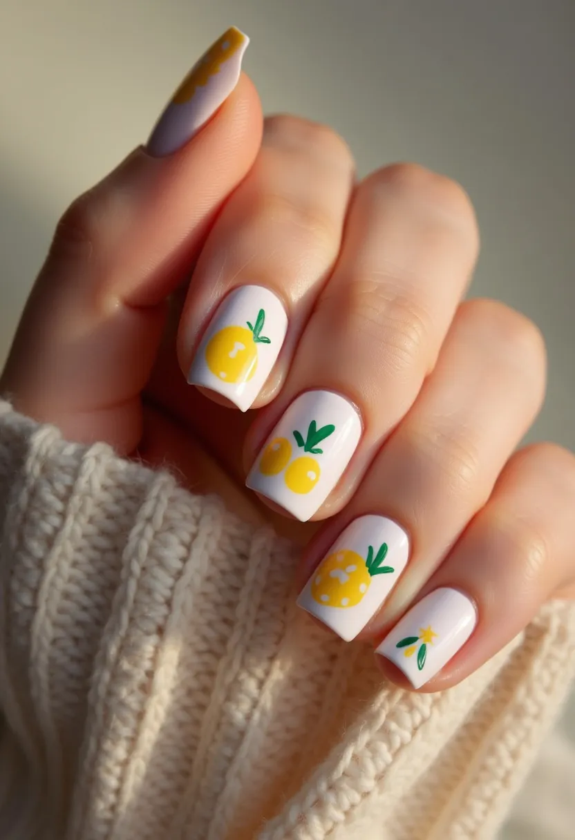 This nail design features a fresh, summery theme with a color palette dominated by white and yellow, accented with green. The nails are shaped in a medium-length square with a smooth and shiny finish, indicative of a gel treatment. Each nail has a white background with intricate hand-painted yellow citrus fruits, complete with green leaves and small white dots for added detail. The design includes whole and halved citrus fruits on different nails, contributing to a playful and vibrant aesthetic that aligns well with a seasonal, summer look or a special occasion, such as a tropical vacation or a summer party.