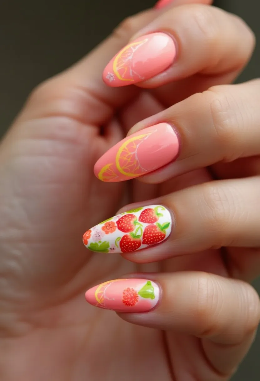 The nail design features a lively and vibrant color palette predominantly showcasing shades of coral and white. The nails are shaped in an almond fashion, enhancing the elegance of the design. A mix of intricate patterns is evident, including detailed artistic depictions of fruits such as strawberries and citrus slices, alongside small floral accents. The use of gel polish gives a glossy finish to the nails, ensuring durability and a high-shine look. The design embodies a summery and fresh theme, ideal for warm-weather seasons or festive occasions celebrating the brightness and abundance of summer.