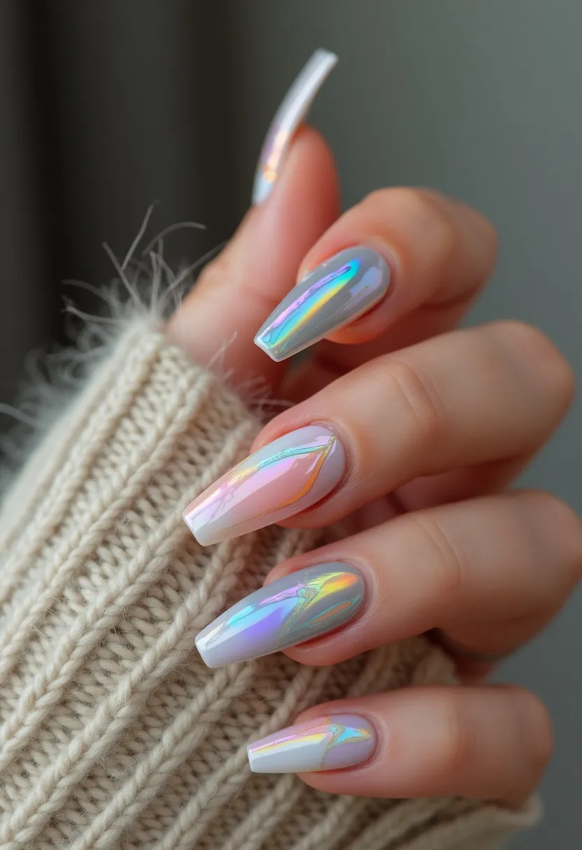 The nail design features a sophisticated and vibrant palette predominantly showcasing a holographic or iridescent finish that shifts through pastel hues including lavender, peach, and mint. The nails are long and sculpted into a tapered square shape, also known as coffin nails. This design utilizes a shiny, mirror-like chrome effect, likely achieved through a gel or acrylic treatment. Intricate patterns include swirling, abstract lines that enhance the holographic effect, creating a mesmerizing play of light and color. This nail look is elegant and can align with a festive or celebratory event, such as a New Year's Eve party or a spring-themed occasion, offering a chic and eye-catching appearance.