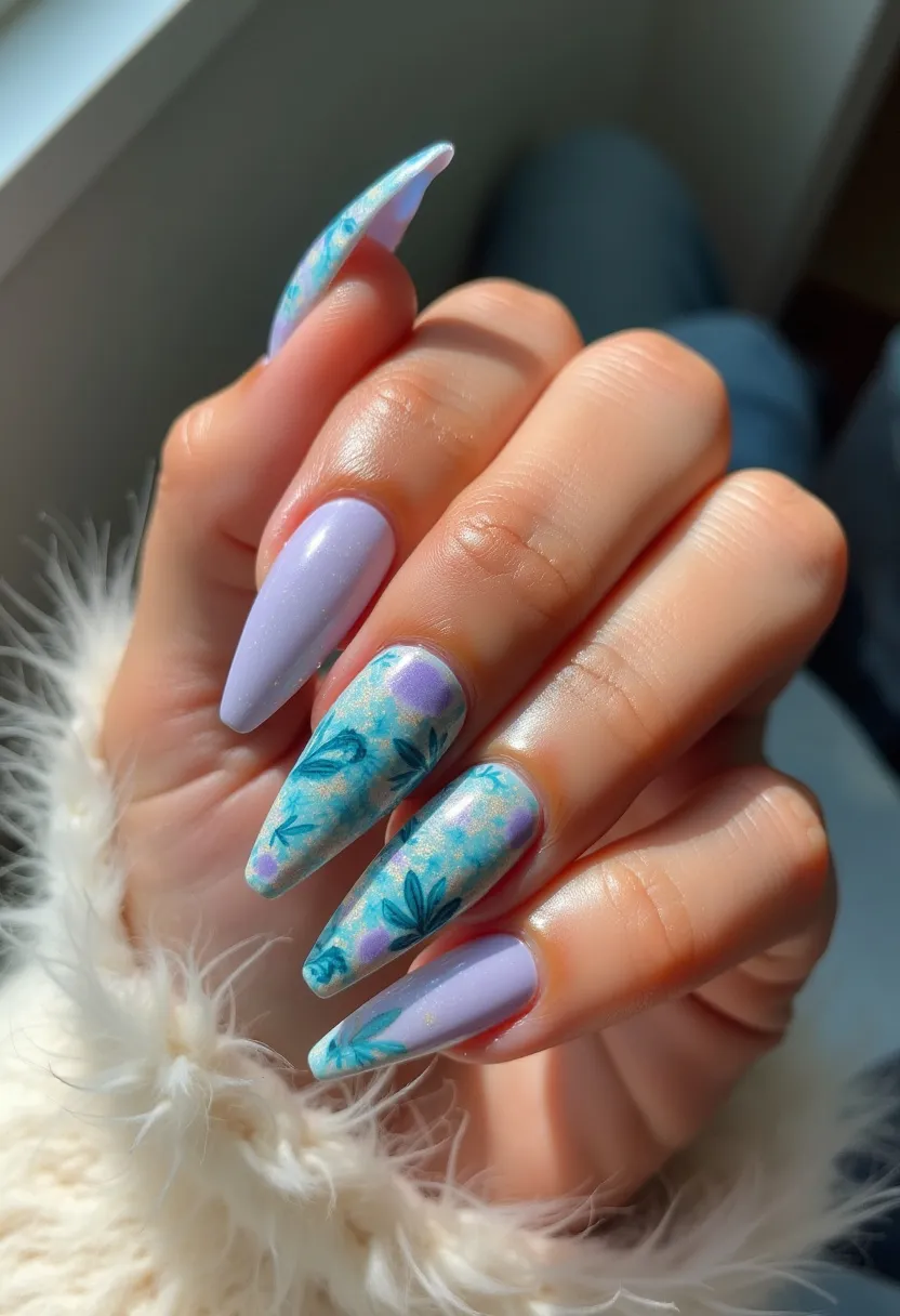 The nail design showcases a pastel color palette dominated by a soft lavender and complemented by a mix of light blue, green, and subtle gold accents. The nails are long and almond-shaped, enhancing their elegant appearance. The intricate patterns feature delicate floral motifs and foliage, creating a harmonious blend of nature-inspired elements. The nail treatment appears to be gel, which provides a smooth and glossy finish, ensuring the durability and vibrancy of the design. This nail art exudes a fresh and spring-like vibe, suitable for seasonal transition from winter to spring or a special occasion like a garden party or a nature-themed event.