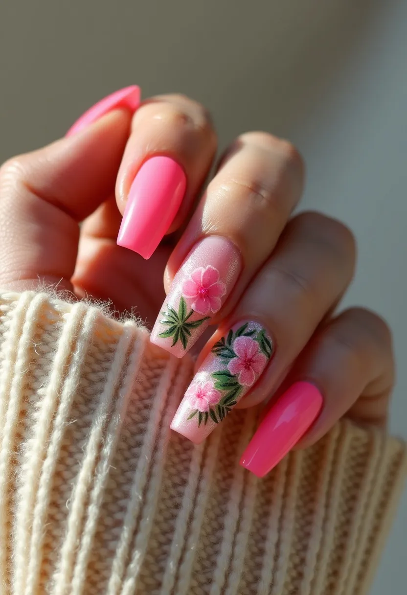 The nail design features a vibrant pink color palette, with a few nails sporting intricate floral patterns in pink and green hues. The nails are of a coffin shape, providing a slender and elongated appearance that enhances the overall aesthetic. The floral designs, likely hand-painted or transferred, introduce a natural, botanical element that adds a touch of elegance and creativity to the manicure. The flowers appear on a more subdued base color, making them stand out prominently. The nails seem to be treated with gel polish, offering a durable and glossy finish. This design could be perfect for spring or summer seasons, encapsulating the fresh and lively vibes associated with these times of the year.