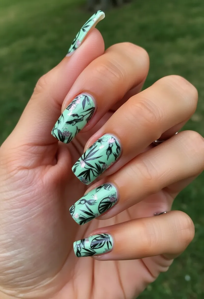 This nail design features a pastel green base color along with intricate black botanical patterns and small silver accents, giving it an elegant and nature-inspired appearance. The nails are shaped in a medium-length, squared style, enhancing the clean and sophisticated look. The patterns include leaf motifs, contributing to a lush, leafy aesthetic that is reminiscent of spring or summer themes. The nail treatment appears to be gel, providing a glossy and durable finish that highlights the delicate designs. The overall design is intricate and brings a subtle shine and elegance, making it suitable for everyday wear as well as special occasions with a nature-inspired theme.