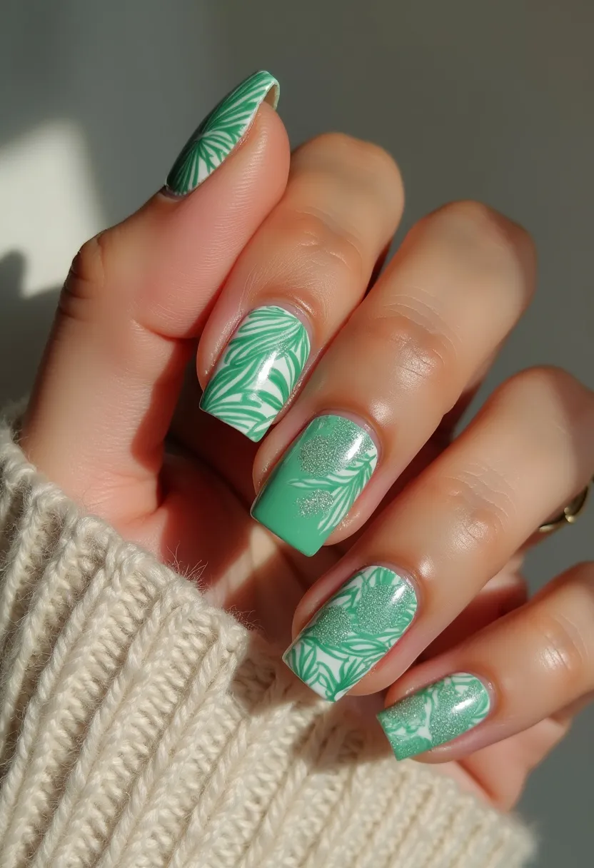 The nail design in question showcases a square nail shape with a refreshing green and white color palette. The design includes intricate patterns of green leaves against a white background on certain nails, creating a nature-inspired look. Some nails feature a solid green color accented with fine, glittery details. The finish appears glossy, indicative of a gel polish treatment that adds durability and shine. This design exudes a bright and fresh feel, making it suitable for spring or casual summer occasions, embodying a botanical theme that is both modern and chic.