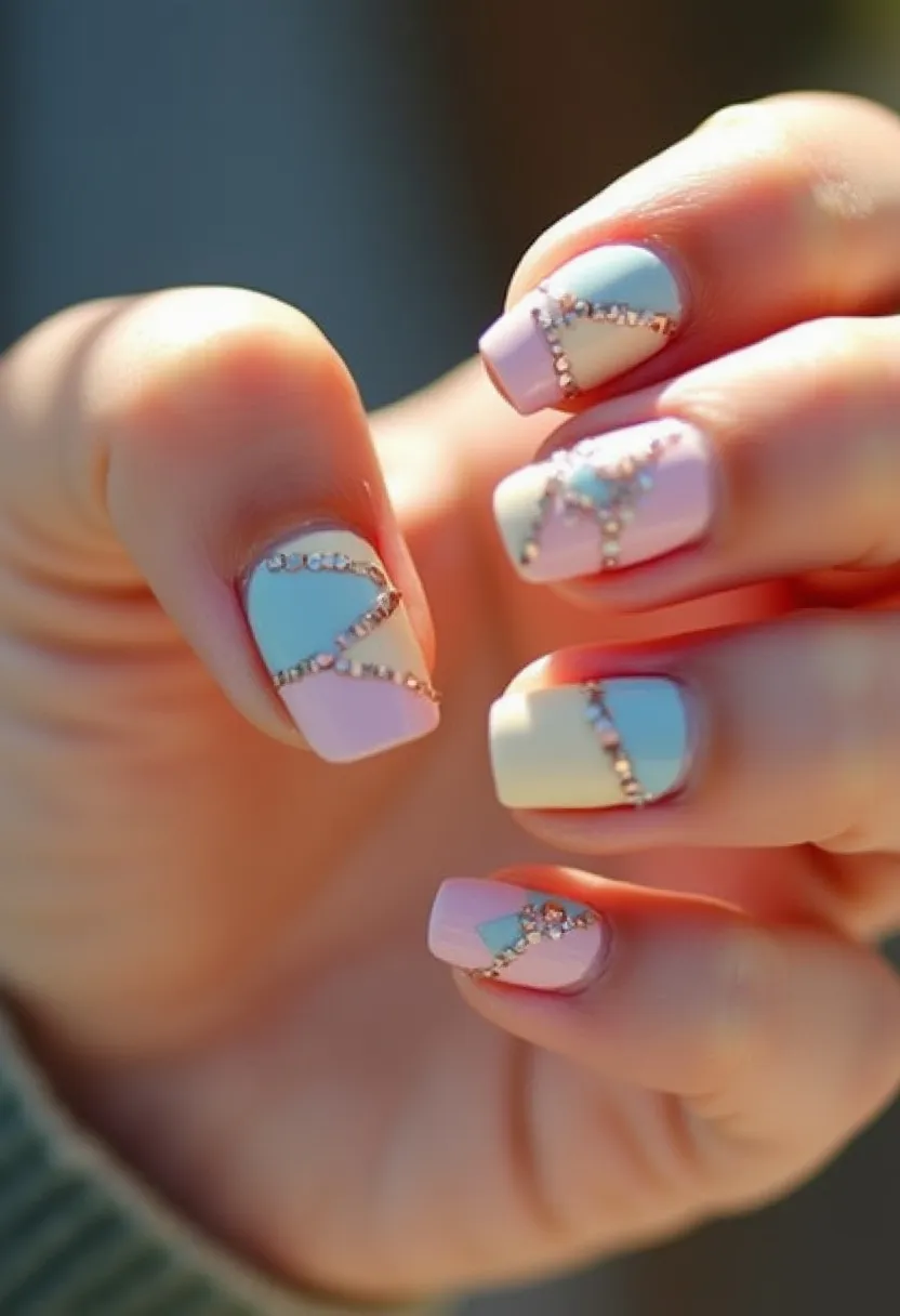 The nail design showcases a pastel color palette featuring soft shades of pink, blue, and white. The nails are shaped in a fashionable square form, emphasizing a clean and modern look. Delicate patterns with an abstract geometric style are intricately drawn on each nail, accentuated with glittering rhinestone embellishments that outline the shapes and enhance the design. The highly glossy finish suggests a gel or acrylic treatment, adding a sophisticated and durable touch to the nails. This design radiates a light and airy spring or summer vibe, with the pastel hues and sparkling accents making it suitable for special occasions like weddings or festive celebrations.