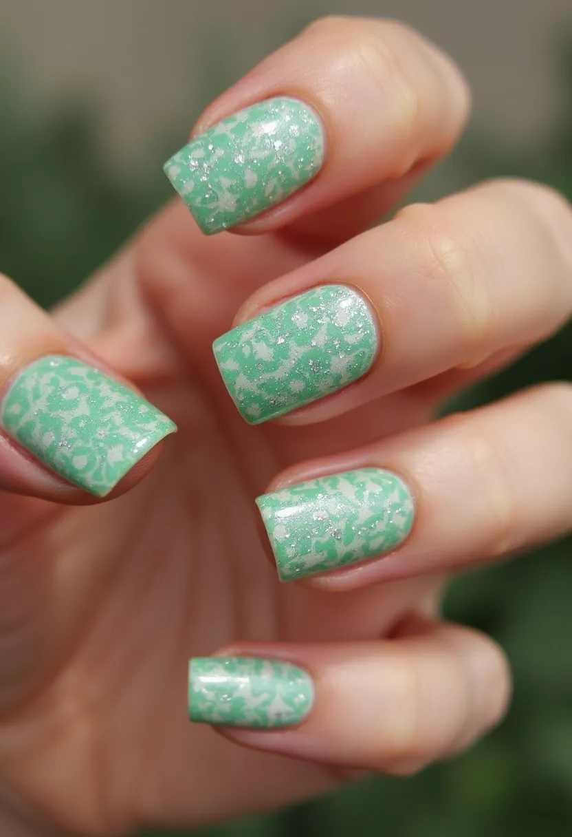 The nail design features a soft green base color accented with a white floral or abstract pattern, creating a delicate and elegant appearance. The nails are shaped into a medium length, square-over shape, enhancing the overall sophistication of the design. The finish appears glossy, suggesting a gel or shellac treatment, which contributes to its vibrant and lasting sheen. Tiny specks of glitter can be seen, adding a touch of sparkle and intricacy to the design, making it suitable for spring or summer occasions. The intricate patterns and the soft color palette combine to create a visually pleasing and refined look.