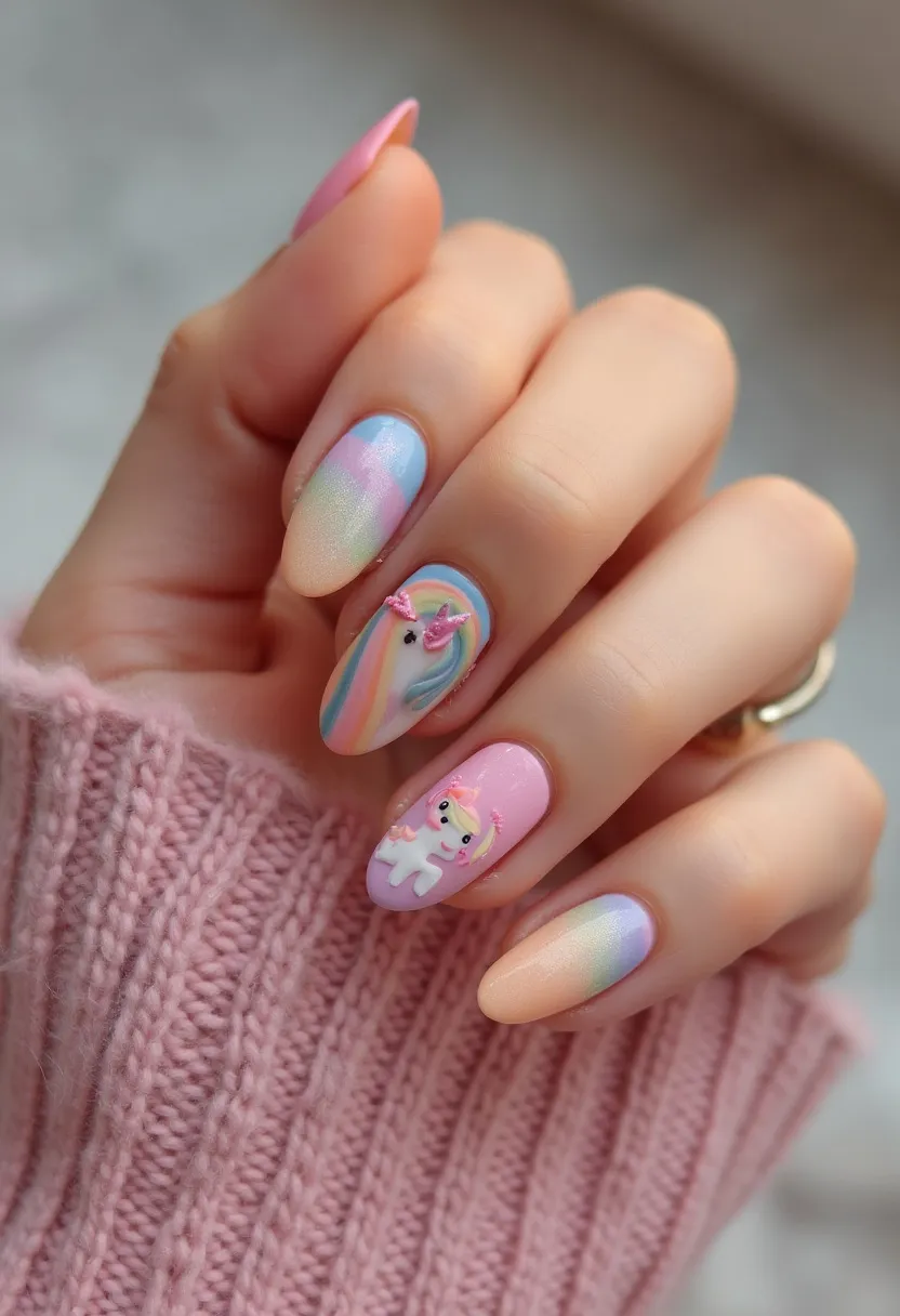 The nail design features a pastel color palette with hues of pink, blue, lilac, and green that create a soft, whimsical effect. The nails are shaped in an almond style, offering a gentle and elegant appearance. Intricate patterns include a gradient effect that blends the colors smoothly on multiple nails, while two nails display playful unicorn-themed decorations. One nail has a detailed 3D design of a unicorn head with a pink bow, while another showcases a full unicorn figure with a pink background. This nail design seems to use gel polish, known for its glossy finish and durability. The overall theme of the design appears whimsical and charming, ideal for a light-hearted and fun occasion, possibly suitable for a spring or fantasy-themed event.