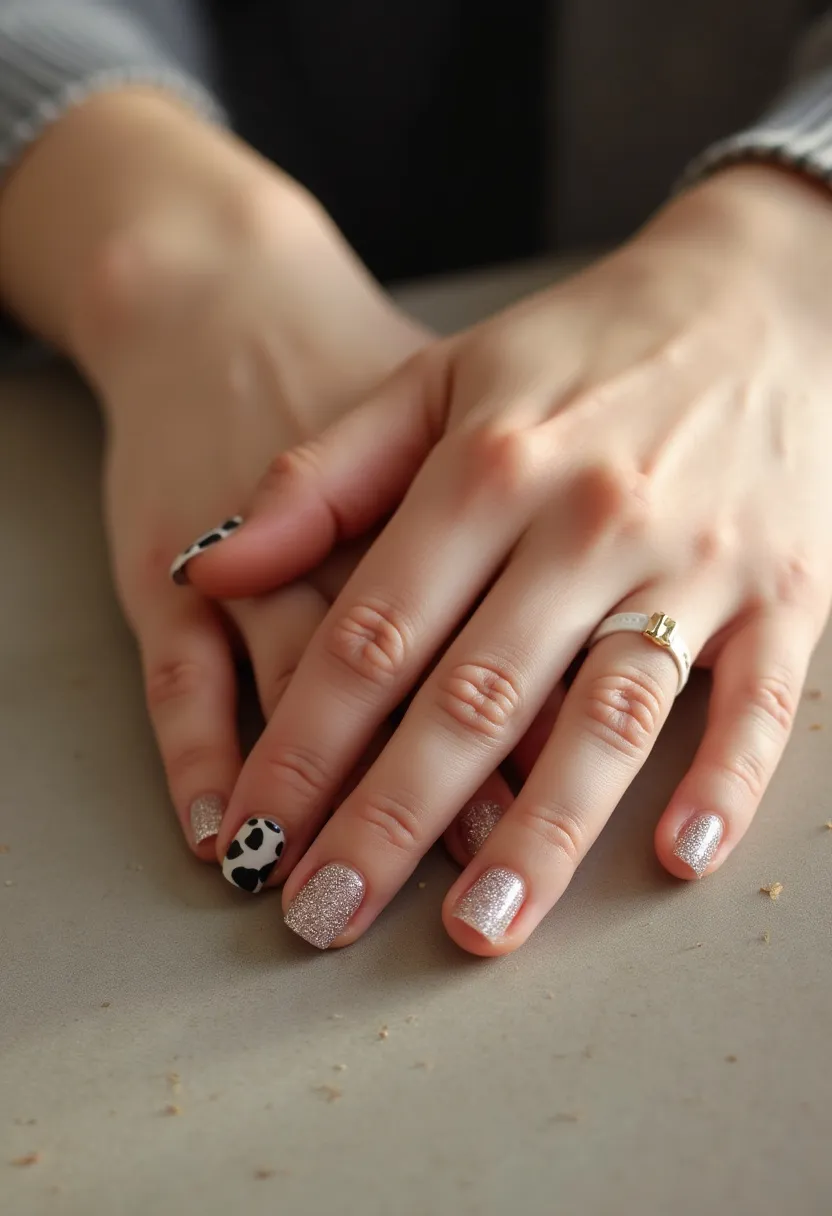 The nail design features a combination of glitter and animal print patterns, creating a unique and playful look. The color palette includes sparkling silver glitter and a classic black and white cow print design. The nails are a short, rounded shape, suitable for an active lifestyle while still making a stylish statement. The decorations are done using a mix of glitter polish, which appears to be gel-based for long-lasting shine and durability, and regular polish for the cow print, likely applied with meticulous brush strokes or decals. This design is versatile and can be worn for various occasions, bringing a fun and trendy touch to everyday wear. The mix of glitter and animal print makes it an excellent choice for those who enjoy a bit of whimsy in their nail art.