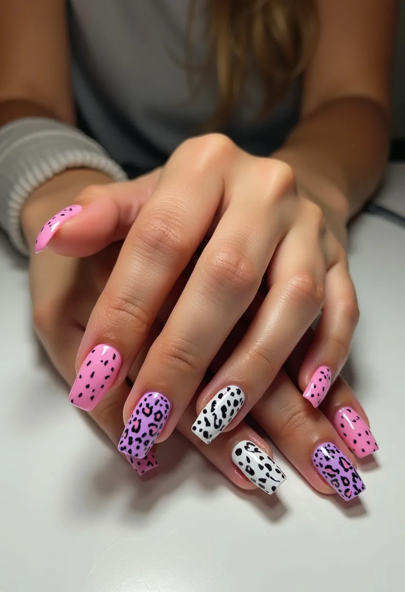 The nail design features a vibrant and playful color palette consisting of pink, purple, and white. The nails are shaped in a medium-length square style. The design includes intricate patterns with a mix of polka dots and leopard prints; the pink nails have black polka dots, the purple nails have black leopard spots, and the white nails have a black leopard pattern. This nail art appears to be executed with gel polish, ensuring a glossy finish and durability. This design is perfect for a fun and quirky look that can be suitable for a casual outing or a special event where a bold and trendy style is desired.