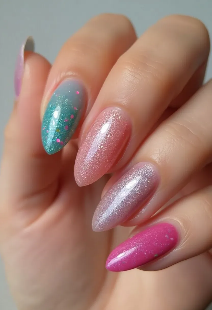 The nail design showcases a beautiful and vibrant color palette with shades of pink, green, white, and lavender. The nails are almond-shaped, creating an elegant look. Each nail features a glossy finish, suggesting the use of gel polish treatment. The design includes intricate patterns such as a glittery green nail with pink dots, and a subtle gradient effect seen on some nails. One nail also features a deeper pink shade with a glossy finish, adding a striking contrast to the softer pastel colors of the other nails. This design is well-suited for a spring or summer theme, given its bright and fresh colors. The intricate patterns and glossy finish contribute to an overall sophisticated and festive appearance.