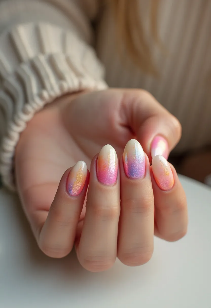 The nail design features an enchanting ombré color palette that transitions seamlessly from light pinks to purples and oranges, creating a sunset-like effect. The nails are shaped in a fashionable almond style, which complements the delicate gradients. The nails appear to have a gel treatment, providing a smooth and glossy finish that enhances the vibrant colors. Subtle hints of shimmer add a luminous touch, making the design suitable for spring or summer occasions, as well as festive celebrations. The artistry presents a dreamy and whimsical vibe, perfect for a special event or simply to brighten everyday style.