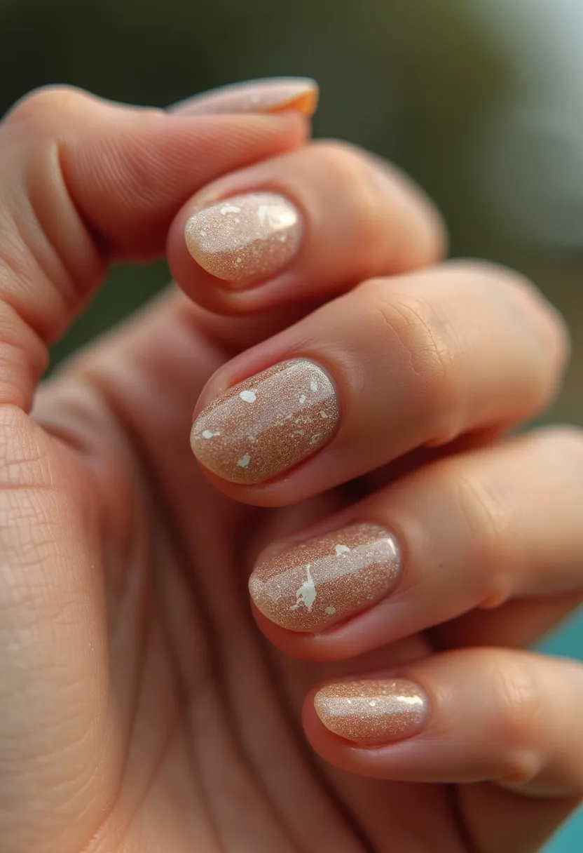 The nail design features a sophisticated and subtle palette consisting of a shimmery nude base color with hints of fine glitter throughout. The nails are oval-shaped, providing a soft and elegant appearance. Intricate patterns of white speckles and irregular, delicate splotches are artistically scattered across the nails, creating a unique and eye-catching design that is both modern and understated. This manicure appears to be achieved through a gel treatment, ensuring durability and a glossy finish. The color palette and design make these nails suitable for a range of occasions, from everyday wear to special events, and they hint at a seasonally adaptable style, with potential cues to winter or festive celebrations due to the shimmering effect and the use of white accents.