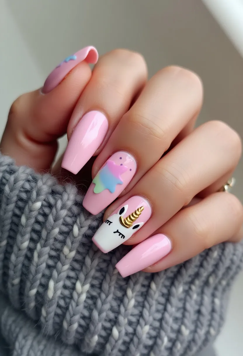 The nail design showcases a soft, pastel pink color palette with an overall glossy finish, likely achieved with gel or shellac treatment for a durable and shiny effect. The nails are shaped in a medium to long coffin style, providing an elegant and modern appearance. Two of the nails feature intricate and whimsical artwork; one nail displays a cute pastel gradient creature with a blue, green, and purple body while another highlights a white unicorn face adorned with a prominent gold horn and closed eyes with long lashes. These decorative elements suggest a playful and imaginative theme, possibly suitable for a fun, casual occasion or to celebrate a personal love for mythical creatures.