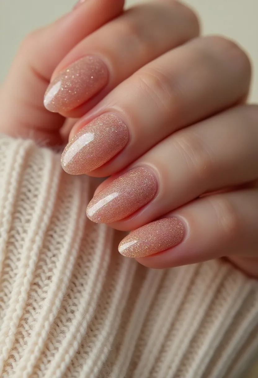 The nail design features a sophisticated and elegant look using a soft, shimmery peach color palette. The nails are shaped in a rounded almond form, enhancing a sleek and polished appearance. The design incorporates a delicate glitter effect, giving the nails a sparkling finish that adds a touch of glamour without being overly bold. This seems to be a gel manicure, evident from the glossy and smooth finish, which suggests durability and a long-lasting effect. The design is versatile, making it suitable for various occasions such as weddings, formal events, or even festive celebrations due to its blend of subtlety and sophistication. The overall aesthetic conveys a classic yet contemporary appeal.