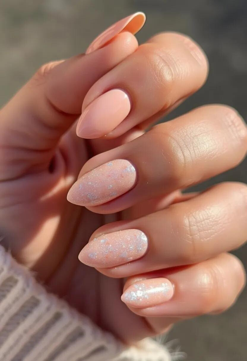 The nail design features an elegant, soft pink color palette with pastel undertones, providing a delicate and sophisticated look. The nails are shaped in an almond style, which elongates the fingers and adds a touch of sophistication. Some nails exhibit an intricate decoration with fine, iridescent glitter details that catch the light beautifully, adding a subtle sparkle. The nails appear to be treated with a gel manicure, providing a smooth and glossy finish that enhances the durability and shine of the design. This nail art seems perfect for spring or summer seasons, offering a fresh and chic aesthetic suitable for various occasions, including special events or everyday wear.