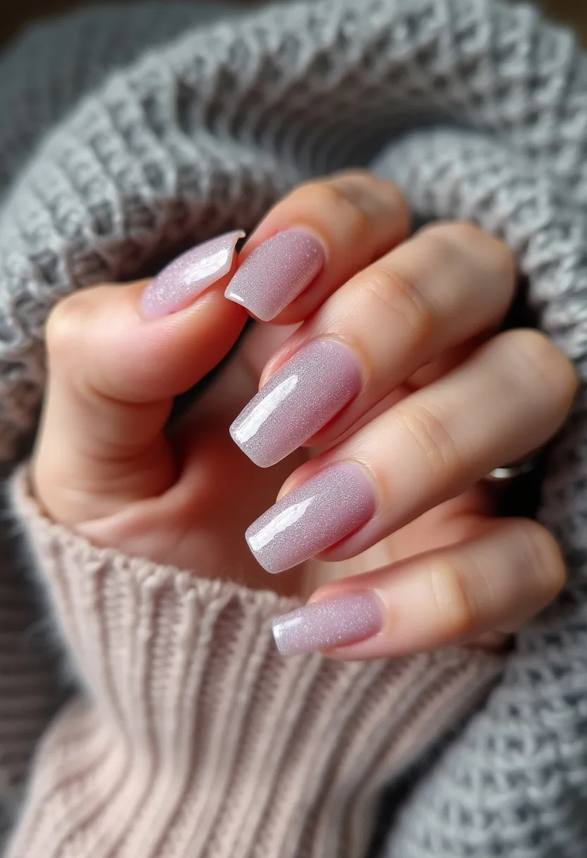 The nail design features a soft color palette of pale pink, enhanced with a subtle shimmer effect. The nails are shaped in a medium-length coffin or ballerina style, characterized by the tapered sides and a straight, squared-off tip. The treatment appears to be done with gel, which gives a highly glossy, smooth finish that is both durable and vibrant. This particular design is elegant and understated, making it suitable for a variety of occasions, from everyday wear to special events. The shimmery quality of the nails adds a touch of glamour, making it fitting for seasonal themes like winter or festive celebrations.