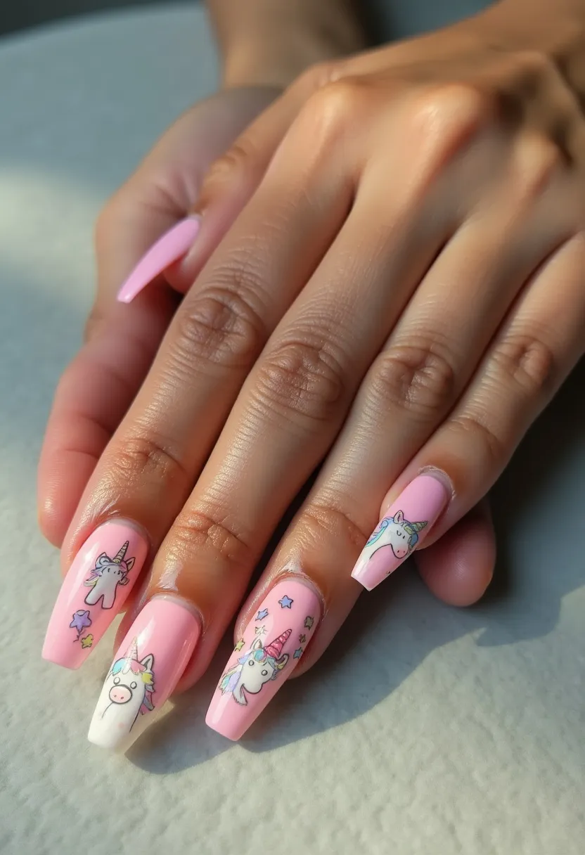 The nail design features a soft and whimsical color palette dominated by pastel pink as the base color. The nails are shaped into a medium-length coffin style. Intricate patterns and decorations showcase adorable unicorn illustrations with multicolored manes, each bearing expressions of delight and surrounded by tiny stars and floral motifs. This playful and dreamy design may be created using gel, given the glossy finish and the detailed artwork. The design elements and color choices suggest a fun and celebratory theme, possibly suited for a youthful, festive, or fantasy-oriented occasion.